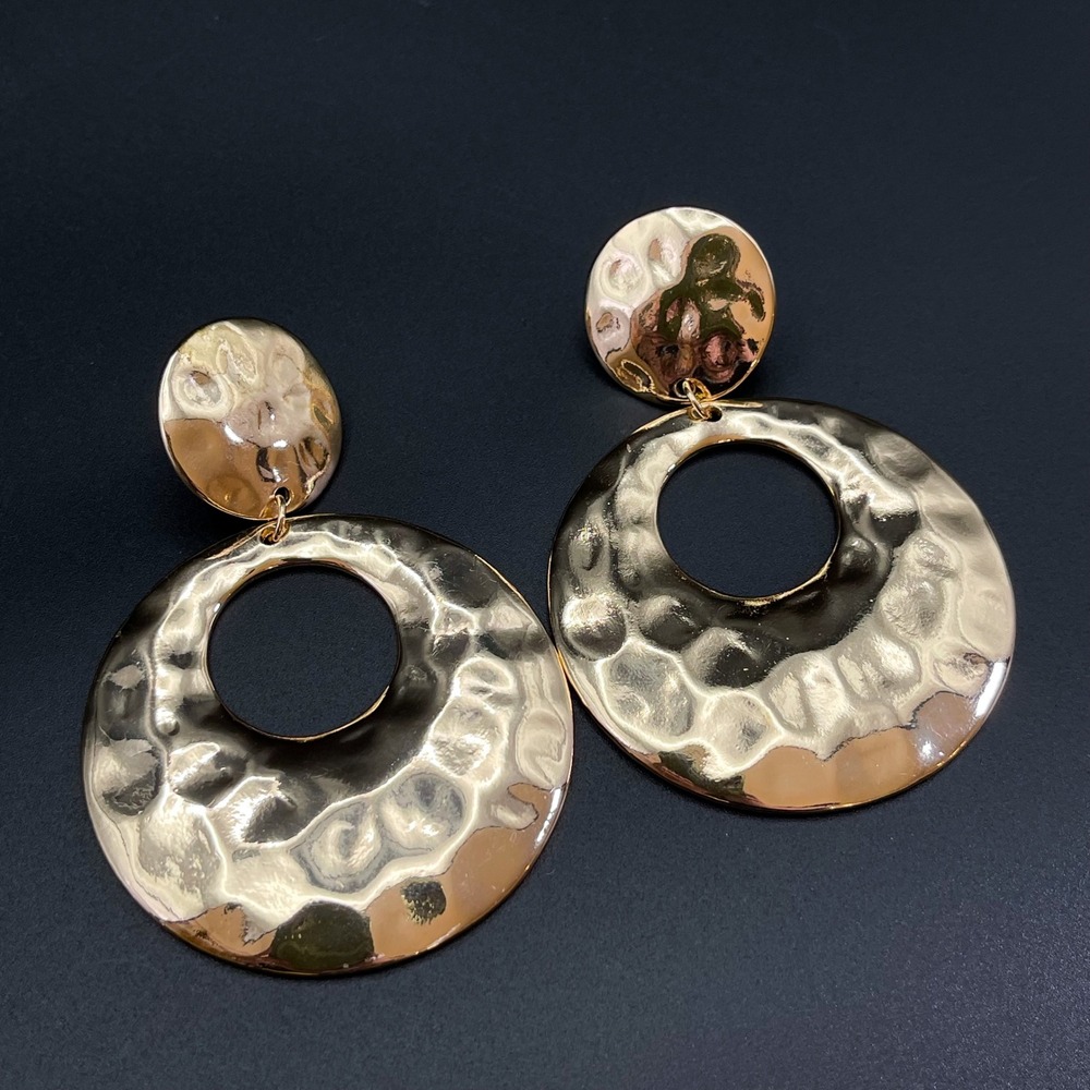 Hammered Gold Tone Textured‎ Chunky Large Round Drop Statement Earrings Retro